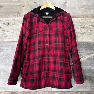 LL Bean Womens Fleece Lined Flannel Hoodie Shacket M Red Black Plaid Cabincore